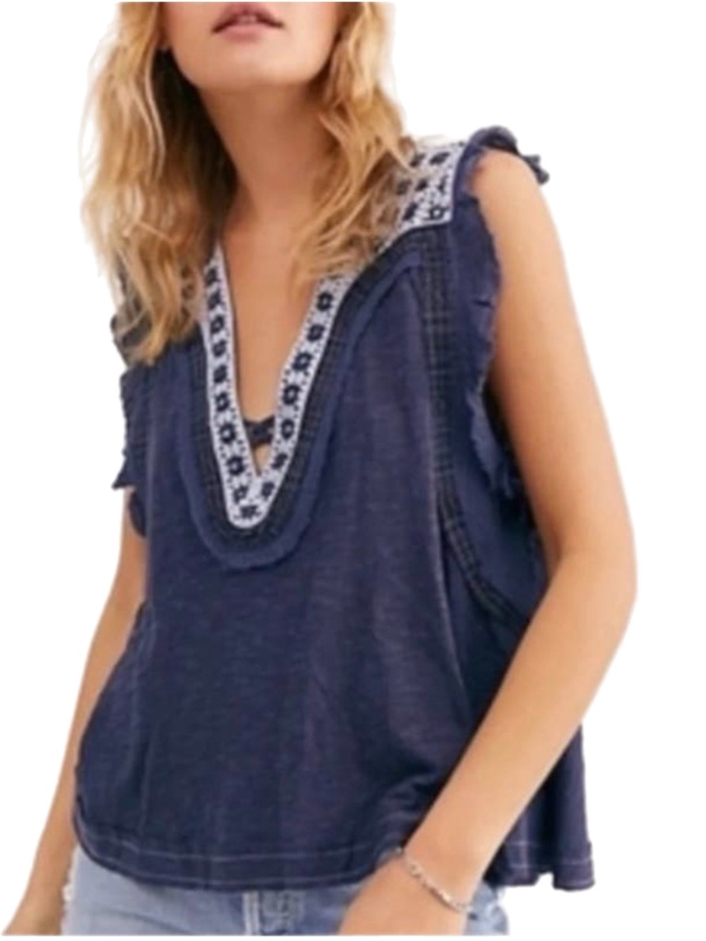 Free People Market Place Embellished Tank Denim Blue Combo NWT Medium
